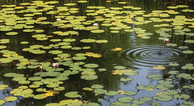 Serene pond with lily pads floating.