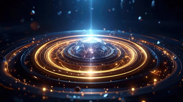 Abstract glowing orb within layered rings, beams of light ascend