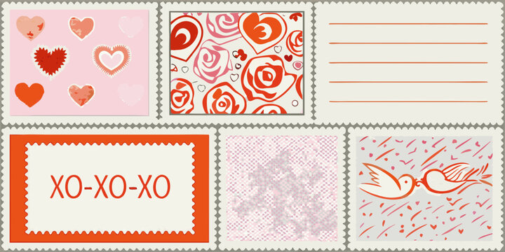 Collection Of Love themed Stamps And Letter Paper Vector Illustration