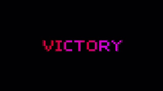 Glitch victory text animation for gaming winner moment, achievement effect, retro user interface overlay and success graphic