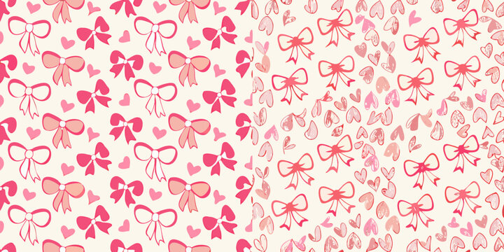 Pink bows pattern a repeating floral ornament on a light background