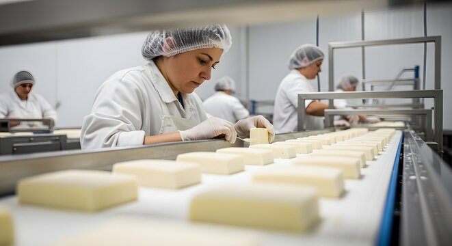 Skilled professionals ensure stringent quality control and hygienic practices on a high-efficiency food production line, optimizing modern manufacturing processes for premium edible goods