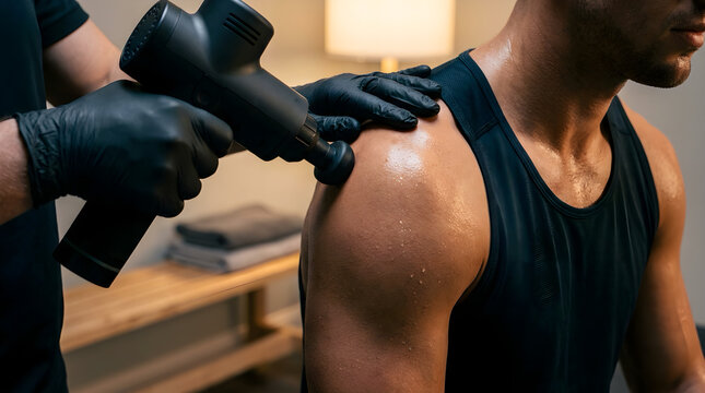 Massage gun used on man's shoulder for muscle recovery with percussion massager pain relief post workout deep tissue physical thera
