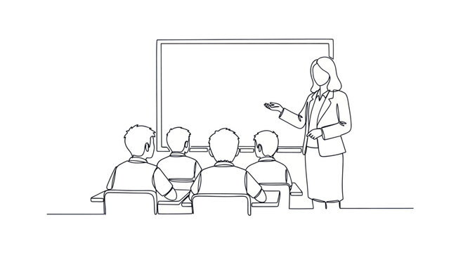 Teacher instructing students in a classroom with whiteboard, line art illustration.