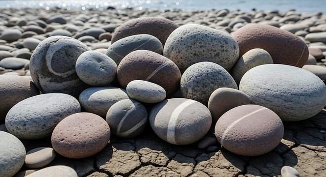 Smooth rounded stones on beach shore.