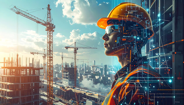 Construction worker in hard hat looking at city skyline, digital overlay, future of construction, engineering, innovation, urban development, building industry, technology