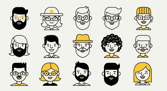 Diverse illustrated people portraits in yellow