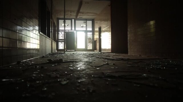 Abandoned School Lobby with Large Windows and Debris on Floor