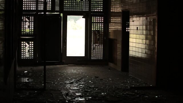 Dark Abandoned School Interior with Barred Windows and Columns