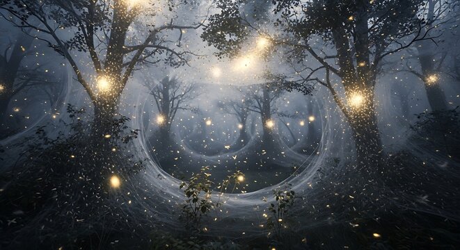 Enchanted forest with glowing fireflies and swirling magical mist