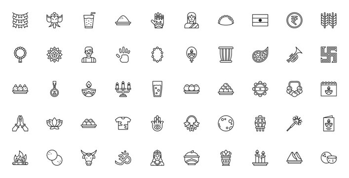 Holi festival icon set. Minimal vector icons pack. Celebrations and traditions. Includes Garland, Ganesha, Rangoli, Diwali, Namaste, Lotus, Lantern, Indian, Drum, Balloons, Turmeric, Henna and more.