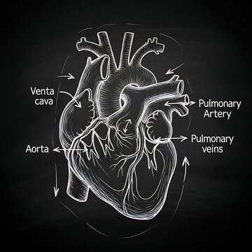 Detailed anatomical diagram of human heart and major blood vessels.