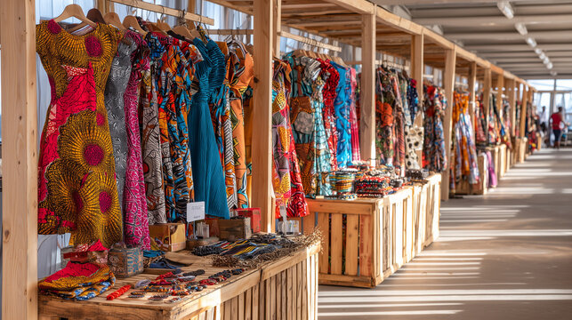 Vibrant clothes and accessories on display at Nairobi Fashion Market stalls