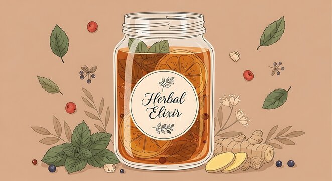 Herbal Elixir Eggnog Bottle with Festive Decorations.