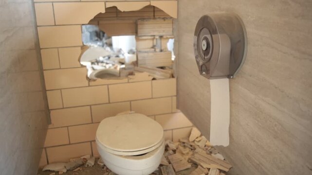 Destroyed Bathroom Interio with Hole in Wall in Abanoned Building