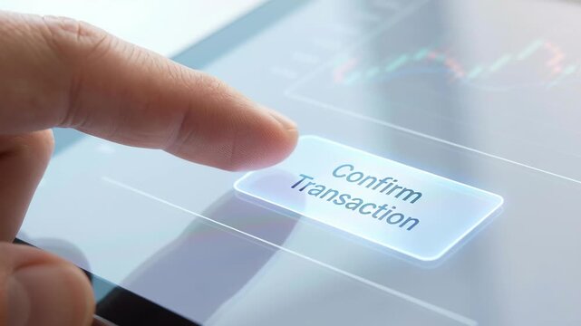 Order confirmed on touchscreen device during online ecommerce purchase checkout process with finger pressing button to complete secure retail transaction and order completion