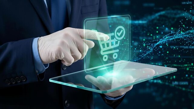 Online purchase order confirmed ecommerce checkout process showing retail transaction concept with digital shopping cart icon and businessman hand pointing on digital checkout interface