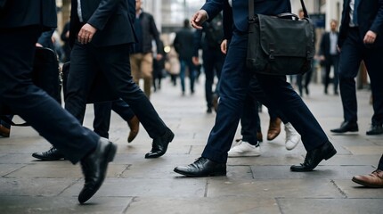 Fototapeta premium A group of business people walking in the city, wearing suits and carrying briefcases, symbolizing urban commuting and professional life