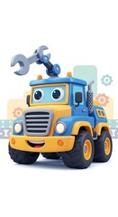 Naklejka premium Yellow toy truck with blue teddy bear driver on white background.