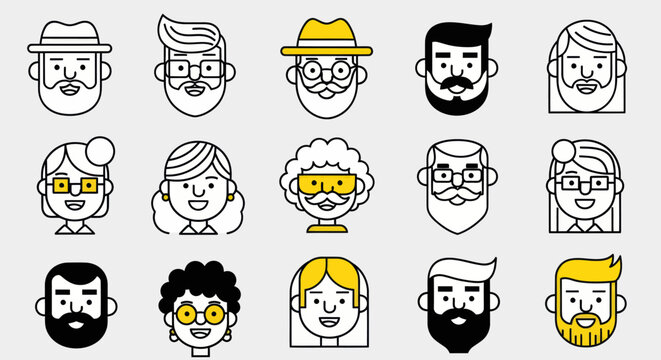 Diverse illustrated faces set