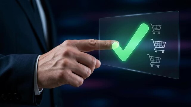 Order confirmed ecommerce checkout online purchase retail transaction hand finger pointing green checkmark glowing transparent screen concept URL SEO