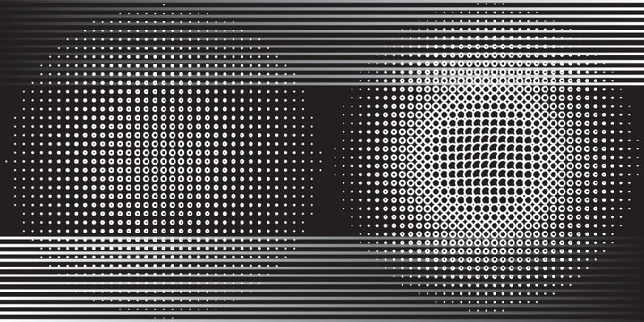 A black-and-white graphic featuring halftone patterns and geometric lines. The top and bottom are filled with parallel horizontal lines of varying thickness, creating a gradient effect.