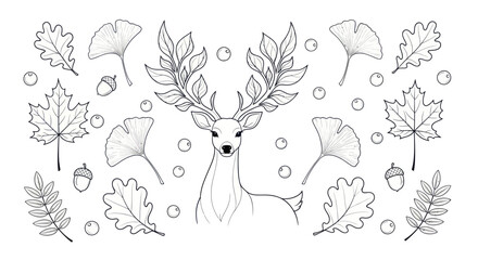 Elegant deer with leafy antlers surrounded by various autumn leaves and acorns. © Berkah