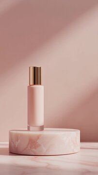 Cosmetic jar switching into a pump bottle on a pink marble pedestal with soft window leaf shadow overlay.