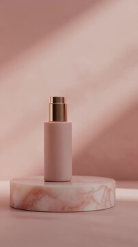 Cosmetic bottle with a gold pump dispenser standing on a circular pink marble podium in warm sunlight.