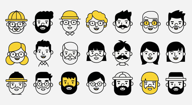 Diverse illustrated faces set