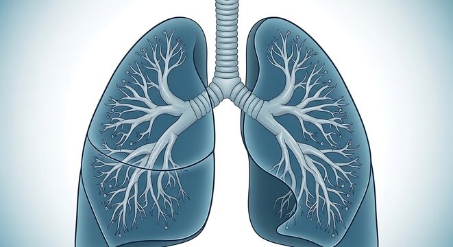 Blue 3D render of human lungs with bronchial tree.