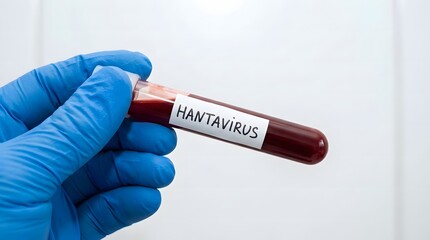 Naklejka premium Medical professional holds a blood sample tube labeled 'Hantavirus' in a laboratory setting