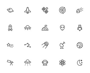 Space icon set. Vector illustration. Minimal line icons pack. Featuring planet, space shuttle, satellite, solar system, meteorite, spaceship, UFO, space exploration, alien, robot, star, zodiac, sputni © wang
