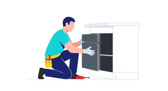 Handyman installing kitchen cabinet drawers with tools and white background