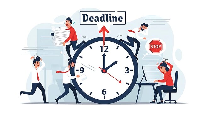 Stressed businessman racing against time on clock face.