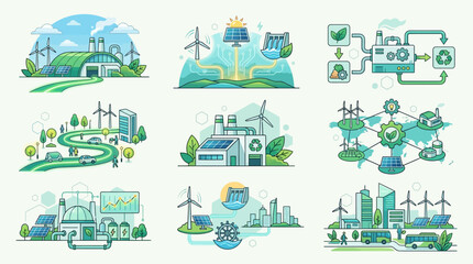 Naklejka premium Smart Renewable Factory Systems Featuring Connected Sustainable Production Arrangements and Futuristic Green Industry Networks Representing Modern Eco Technology Concept