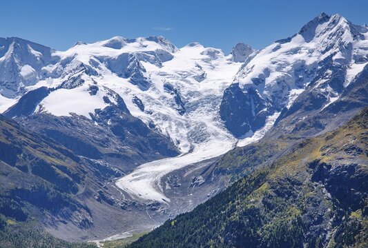 Piz Pal&uuml;, Bellavista, Piz Bernina and Morteratsch Glacier above the Morteratsch Valley, Pontresina, Bernina Alps, Upper Engadine, Engadine, Grisons, Switzerland
