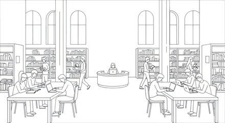 People studying and working in a bright library with bookshelves and desks © siti