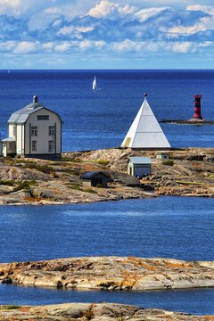 Old pilot station Kobba Klintar with museum and exhibition building in the shape of a pyramid, small island in the archipelago, harbour entrance Mariehamn, &Aring;land Islands, Gulf of Bothnia, Baltic Sea, Finland