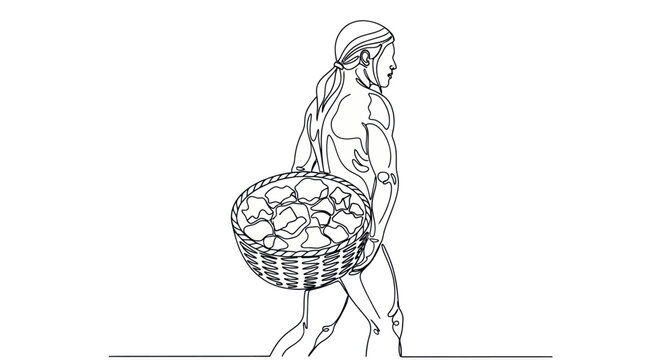 Woman carrying basket of bread, line art illustration