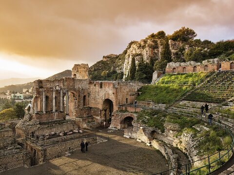 Ancient theatre, Teatro Greco in the evening light, Taormina, Messina province, Sicily, Italy