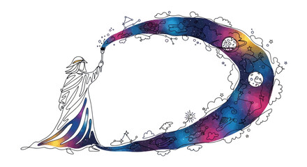Cosmic Creation: Figure Weaving Galaxy Stream with Stars and Planets © siti