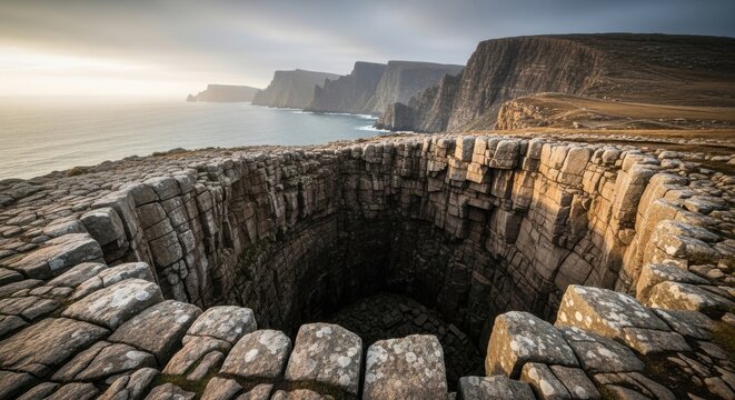 Ancient Rocky Sinkhole Overlooking the Vast Ocean Coastline