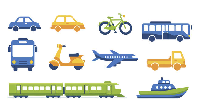 Diverse collection of cartoon transportation vehicles for travel and urban mobility.