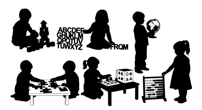Children playing and learning with toys and alphabet blocks