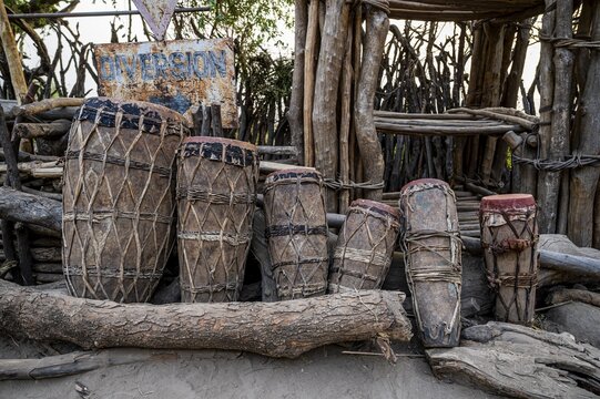 Local drums of the Otuho or Lutoko tribe in a village in the Imatong mountains, Eastern Equatoria, South Sudan