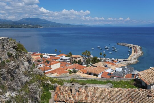 View of a Mediterranean coastal town with a harbour and boats on the sea, old town, Koroni, Pylos-Nestor, Messinia, Peloponnese, Greece