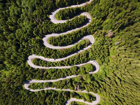 Aerial view, pass road, Bratocea Pass, Carpathians, Great Wallachia, Bulgaria