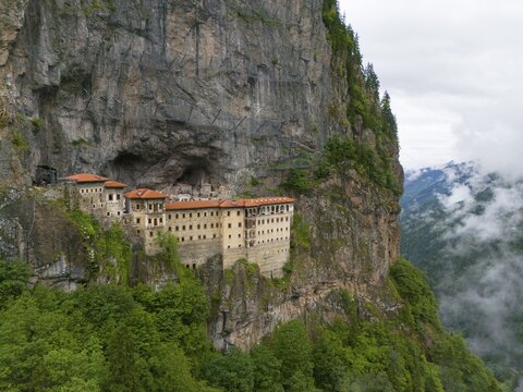 A mystical monastery in a misty rocky landscape, high above the green surroundings, aerial view, Sumela Monastery, S&uuml;mela Manastırı, Ma&ccedil;ka, Macka, Trabzon Province, Turkey