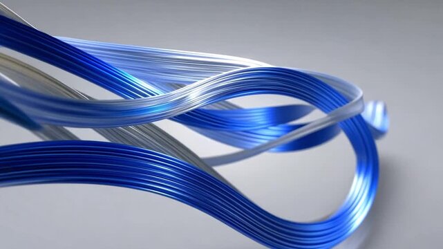 Blue and Silver Waves of Metallic Lines on Gray Background